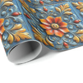 メキシコスペインのフローラオレンジ色の青いタイルパターン ラッピングペーパー (ロールコーナー)