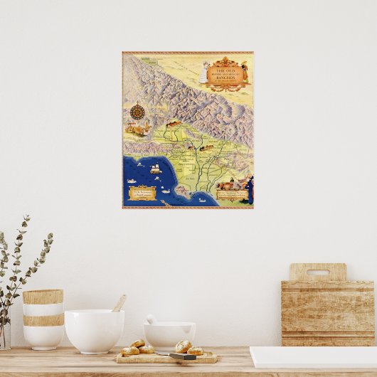 メキシコスペインのランチョスのロサンゼルスの地図 ポスター (キッチン)