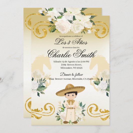 メキシコスペインの3アニョス金ゴールドチャロ招待状 招待状 (正面/裏面)