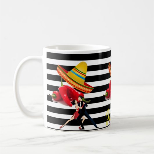 メキシコソンブレロダンス白黒ストライプマグ コーヒーマグカップ (左)
