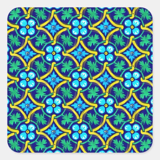 メキシコタイルデザインティール（緑がかった色）イエローフローラプリント スクエアシール (正面)