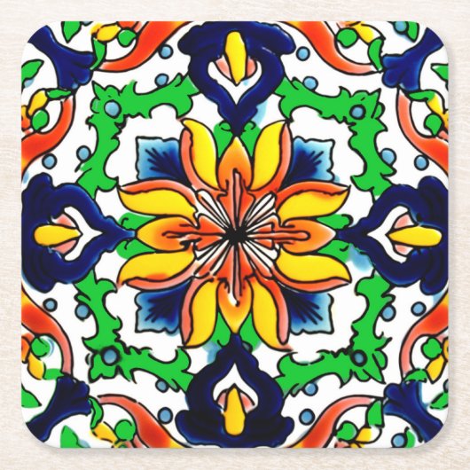 メキシコタラベラテラコッタタイルデザインNo. 6 スクエアペーパーコースター (正面)
