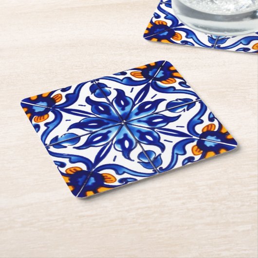 メキシコタラベラテラコッタタイルデザインNo. 8 スクエアペーパーコースター (アングル)