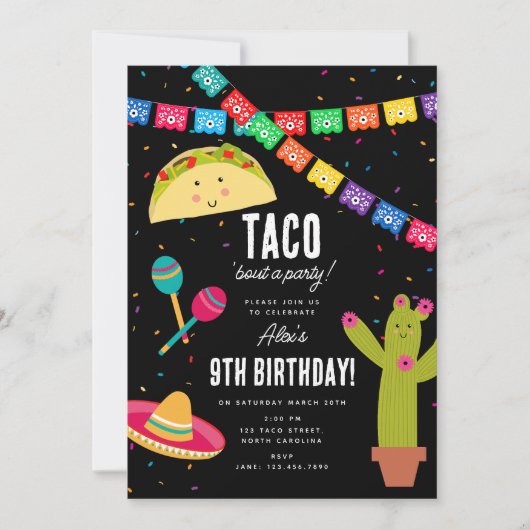 メキシコテーマフィエスタ – タコブウパーティー誕生日 招待状 (正面)