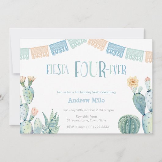 メキシコテーマフィエスタFOURever男の子4th誕生日 招待状 (正面)