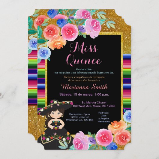 メキシコパーティー金ゴールドブラックドレスキンセニェラ  招待状 (正面/裏面)