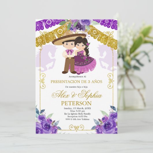 メキシコパープル&金ゴールドツイントレスアノス招待状 招待状 (スタンド正面)