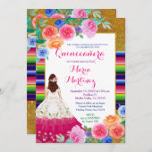 メキシコピンクガール金ゴールドキンセニェラ誕生日 招待状 (正面/裏面)