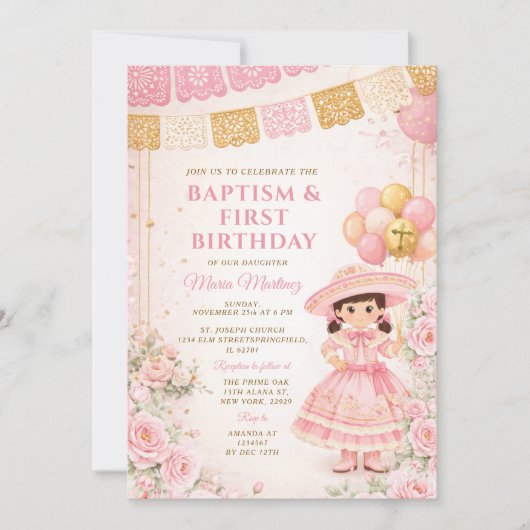 メキシコピンクゴールド女の子の洗礼と1歳の誕生日 招待状 (正面)