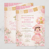 メキシコピンクゴールド女の子の洗礼と1歳の誕生日 招待状 (正面/裏面)