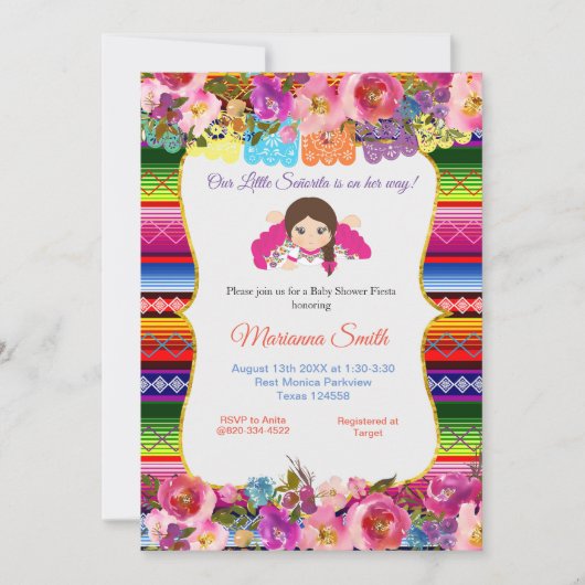 メキシコピンクセノリタフィエスタガールベビーシャワー 招待状 (正面)