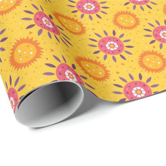 メキシコピンク黄色ひまわり花花の花柄 ラッピングペーパー (ロールコーナー)