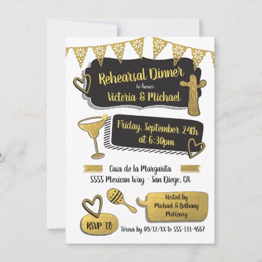 メキシコファンキーンフィエスタゴールドフォイルリハーサルディナー 招待状 (正面)