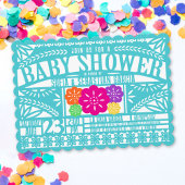 メキシコフィエスタパペルピカド国旗のティール（緑がかった色）ベビーシャワー 招待状