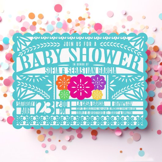 メキシコフィエスタパペルピカド国旗のティール（緑がかった色）ベビーシャワー 招待状