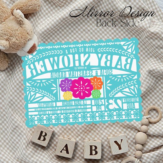 メキシコフィエスタパペルピカド国旗のティール（緑がかった色）ベビーシャワー 招待状