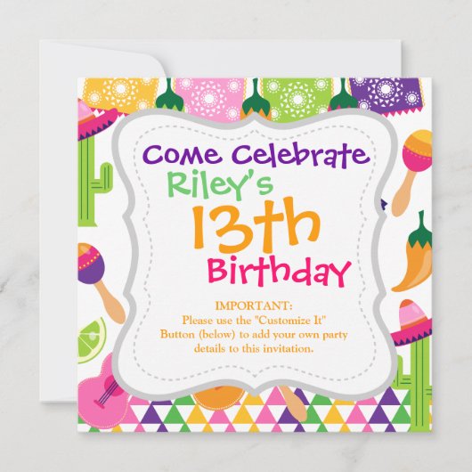 メキシコフィエスタパーティーソンブレロサグアロライムペッパー 招待状 (正面)