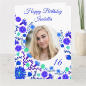 メキシコフィエスタブルーパープルフローラ写真誕生日 カード (正面)