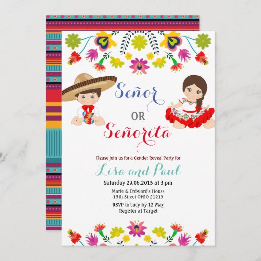 メキシコフェスタSeñorかSeñoritaの性は明らかにします 招待状 (正面/裏面)