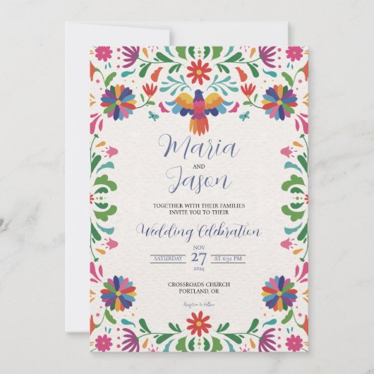 メキシコフォークアーカラフルトフローラ結婚フィエスタ 招待状 (正面)