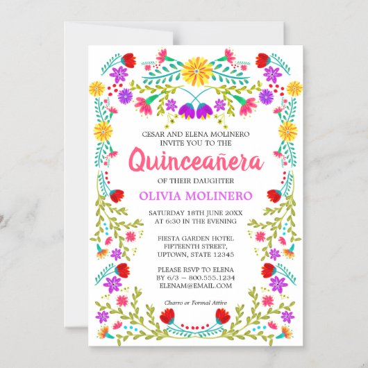 メキシコフォークアートカラフルフローラキンセアニェラ マグネット招待状 (正面)