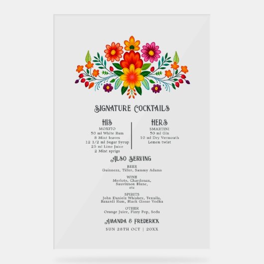 メキシコフォークアートフローラシグネチャーカクテルメニュー アクリルサイン (正面)