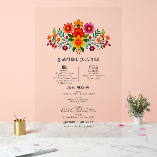 メキシコフォークアートフローラシグネチャーカクテルメニュー アクリルサイン (ウェディング)