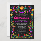 メキシコフォークアートブラックカラフルフローラキンセアニェラ マグネット招待状 (正面)