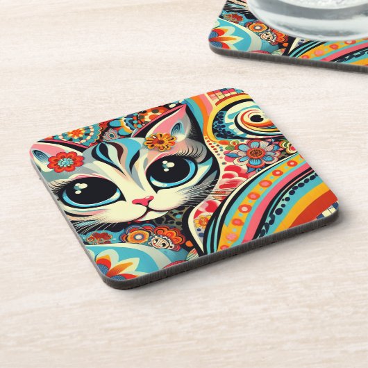 メキシコフォークアート抽象芸術キティキャットタラベラスタイル コースター (左側)