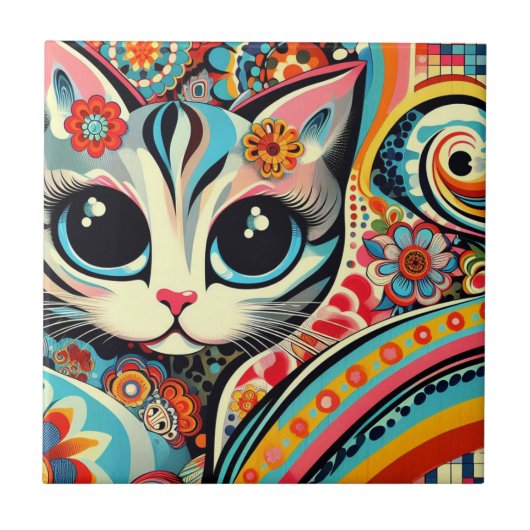 メキシコフォークアート抽象芸術キティキャットタラベラスタイル タイル (正面)