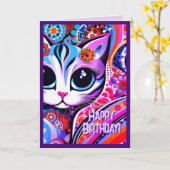 メキシコフォークアート抽象芸術キティキャット誕生日 カード (黄色い花)