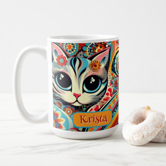 メキシコフォークアート抽象芸術キティパーソナライズされたネコ コーヒーマグカップ (ドーナツ)