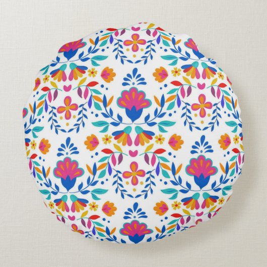 メキシコフォークアート花パターン装飾用クッション ラウンドクッション (裏面)