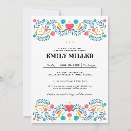 メキシコフォークフローラ刺繍ブライダルシャワー 招待状 (正面)