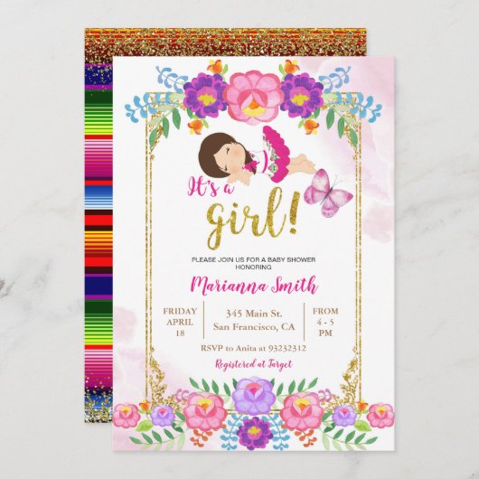 メキシコフローラバタフライフィエスタベビーシャワー 招待状 (正面/裏面)