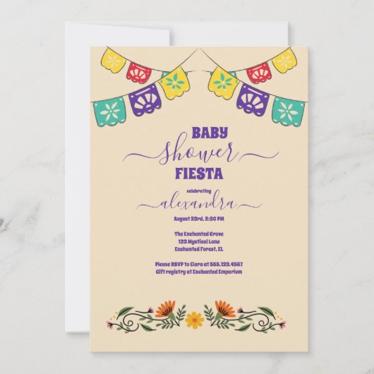 メキシコフローラフラワーフィエスタガールベビーシャワー 招待状 (正面)