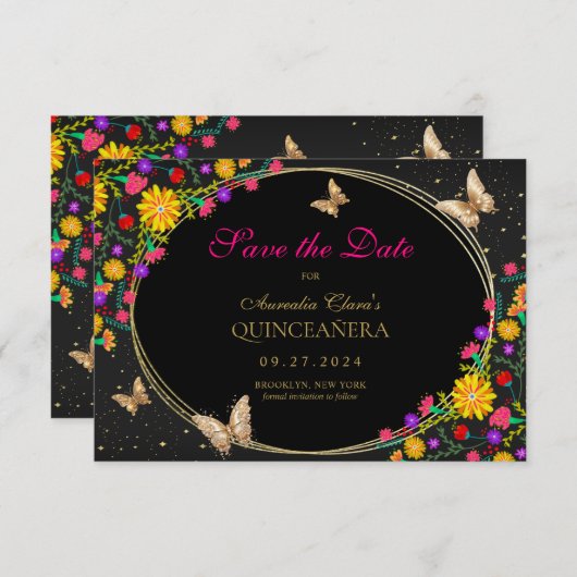 メキシコフローラブラック金ゴールド蝶キンセアニェラ ノートカード (正面/裏面)