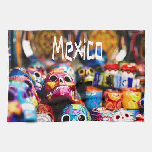 メキシコブカラフルライトスカル キッチンタオル (横)