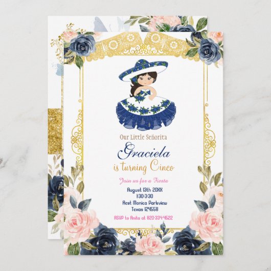 メキシコブルーネービーガールフィエスタ誕生日 招待状 (正面/裏面)