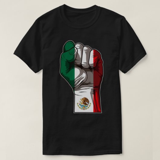 メキシコプライド – 起立拳メキシコ国旗 – Hecho En Tシャツ (デザイン正面)