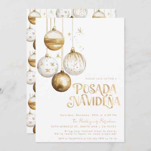 メキシコポサダナビデナ金ゴールドホワイトオーナメント 招待状 (正面/裏面)