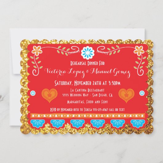 メキシコリハーサルの夕食のPapel Picadoの金ゴールドのグリッター 招待状 (裏面)