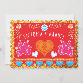 メキシコリハーサルの夕食のPapel Picadoの金ゴールドのグリッター 招待状