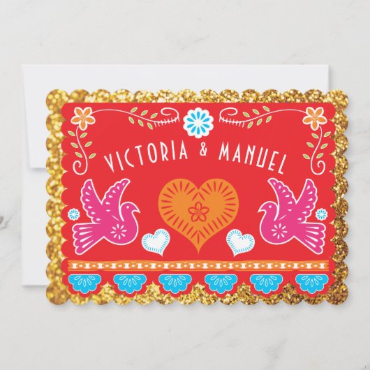 メキシコリハーサルの夕食のPapel Picadoの金ゴールドのグリッター 招待状 (正面)