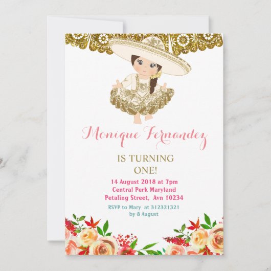 メキシコ人の第1誕生日の招待状の金ゴールド 招待状 (正面)