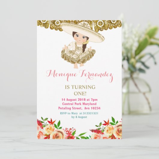 メキシコ人の第1誕生日の招待状の金ゴールド 招待状 (スタンド正面)