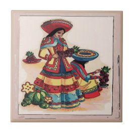メキシコ人女性タイル壁画 タイル