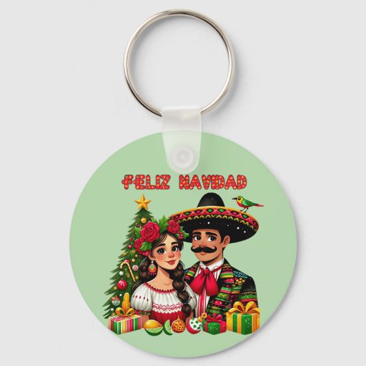 メキシコ人男性クリスマスツリーFeliz Navidad art キーホルダー (正面)