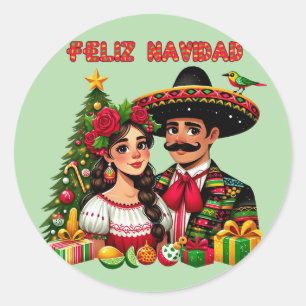 メキシコ人男性クリスマスツリーFeliz Navidad art ラウンドシール
