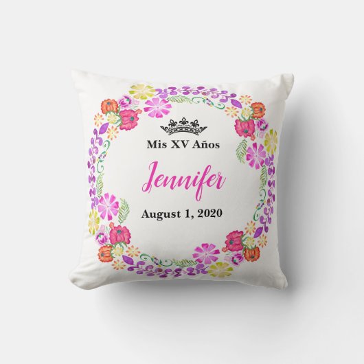 メキシコ刺しゅうミスXVレキュアド16インチ枕 クッション (正面)